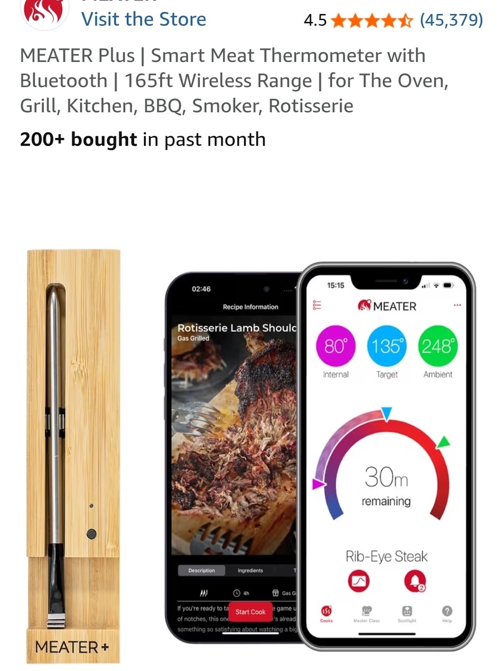 MEATER Plus Smart Meat Thermometer - Silver with Bamboo Case